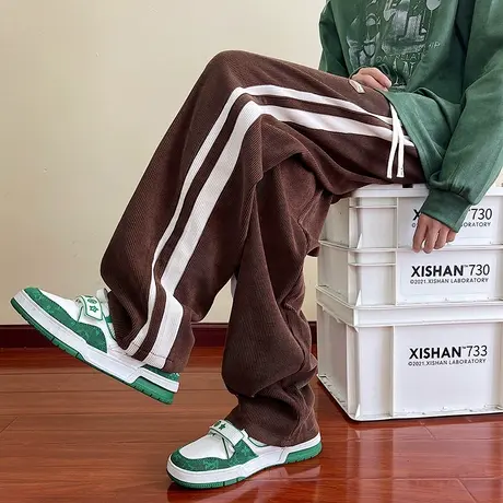 雪尼尔条纹卫裤男生秋季美式复古裤子痞帅休闲百搭运动裤宽松直筒商品大图