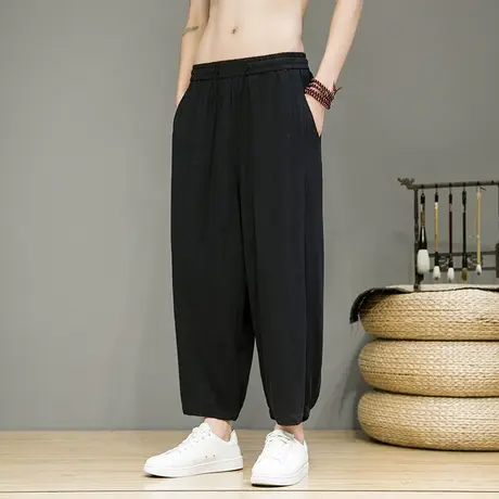 中国风亚麻九分裤男裤子夏季薄宽松小脚哈伦裤阔腿萝卜八分裤男装商品大图