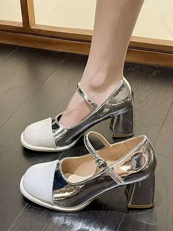 银色圆头仙女风小个子粗跟高跟鞋女2023新款夏季珍珠玛丽珍小皮鞋商品大图