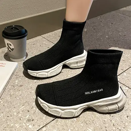 厚底袜靴女2023春夏新款时尚飞织弹力女鞋一脚蹬运动高帮老爹靴子图片