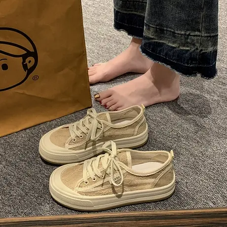 小香风网纱帆布鞋女2023夏季新款厚底镂空透气百搭休闲板鞋渔夫鞋商品大图