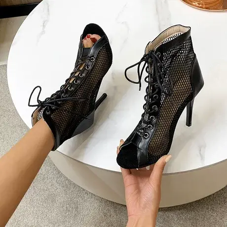 露趾百搭2023年系带薄款马丁靴女透气夏季网纱凉靴镂空高跟短靴女商品大图