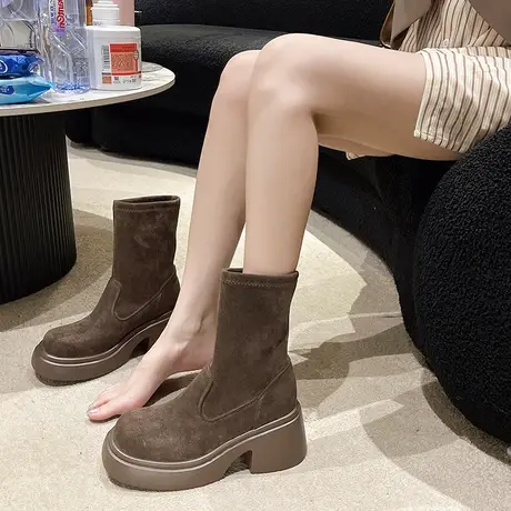 短靴女瘦瘦靴2023秋季新款粗跟圆头气质时尚复古韩版女人味高跟靴商品大图