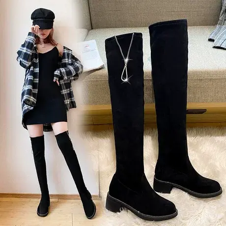中跟瘦瘦长靴女2023年新款韩版高筒靴小个子秋冬加绒弹力过膝靴子图片