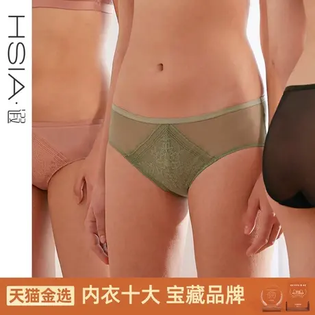 HSIA遐性感内裤女纯棉底裆超薄款透气网纱绑带睫毛蕾丝中腰平角裤商品大图