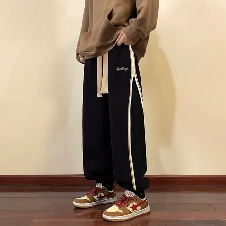 拼色条纹卫裤男春秋季小众高街潮牌ins设计感宽松阔腿休闲长裤子图片