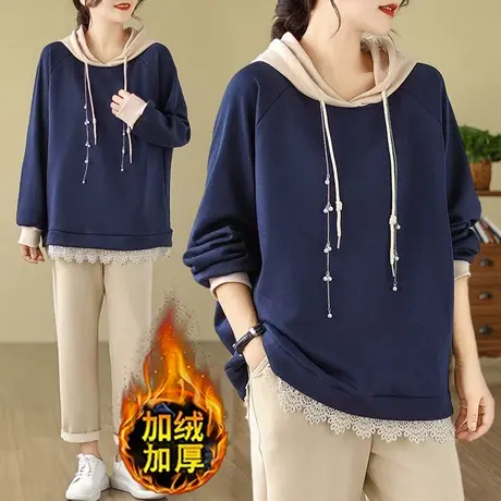欧洲站春秋新款大码加绒加厚拼色宽松胖妹妹连帽卫衣女外套200斤商品大图