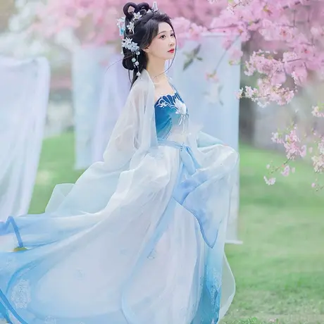 【如梦霓裳丨静夜】唐制原创汉服女诃子裙大袖衫蓝色印染绣花夏薄图片