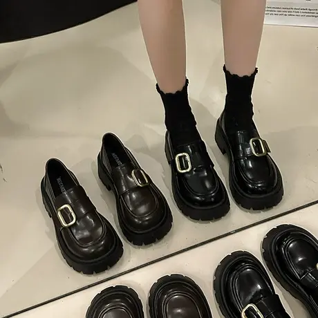 百搭英伦小皮鞋女2024新款黑色复古高跟一脚蹬日系配裙子乐福鞋潮商品大图