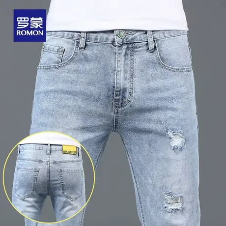 罗蒙夏季破洞牛仔裤男士韩版修身小脚长裤潮流男装休闲潮牌裤子男商品大图