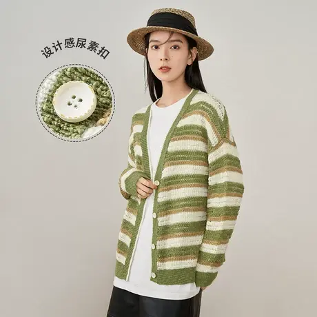 【商场同款】茵曼宽松女2022年春季新款条纹撞色休闲百搭针织开衫图片