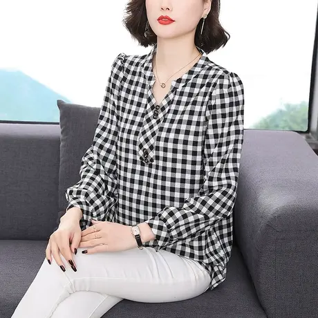 格子长袖衬衫女2023年秋季新款气质洋气大码妈妈装宽松V领打底衫商品大图