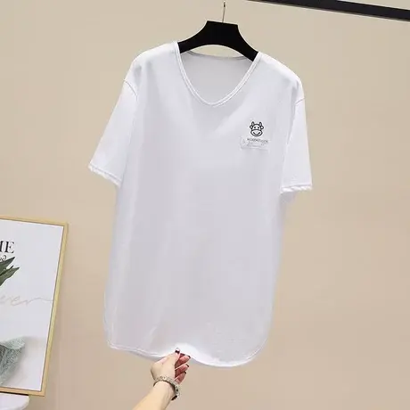 中长款短袖t恤女2023夏季新款百搭韩版宽松v领纯棉开叉内搭上衣潮商品大图