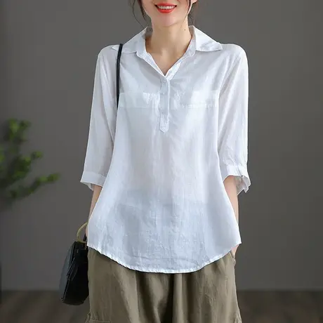 dza 白色苎麻短袖女士衬衫夏季新款宽松气质棉麻上衣漂亮衬衣薄款商品大图