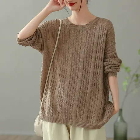 dza 复古棉线圆领毛衣女士秋冬内搭打底衫宽松上衣休闲洋气针织衫商品大图