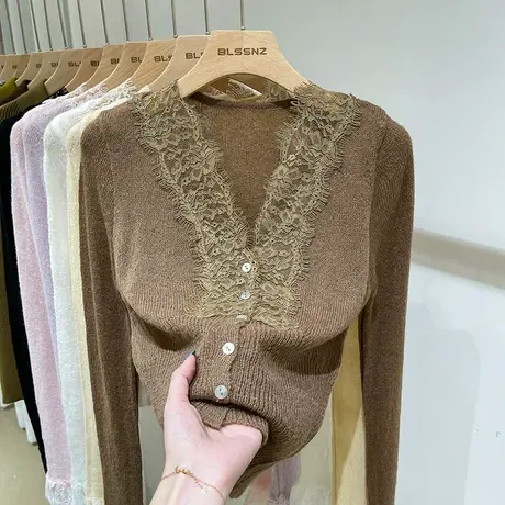 蕾丝长袖针织衫女v领上衣早秋2022新款拼接设计感毛衣外套女开衫商品大图