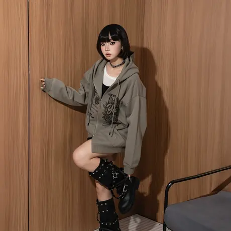 YEP复古印花连帽卫衣女春秋2025年新款潮牌美式帽衫宽松开衫外套图片