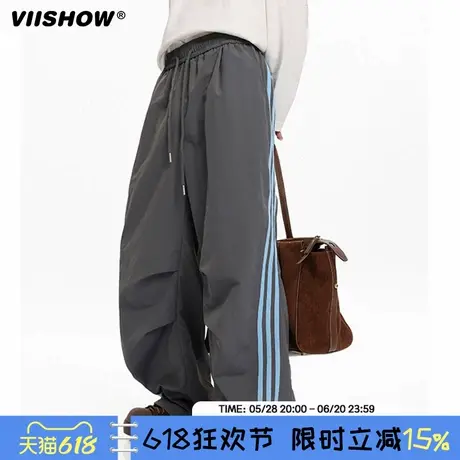 VIISHOW美式三条杠条纹伞兵裤男2025新款褶皱阔腿裤子宽松休闲裤商品大图