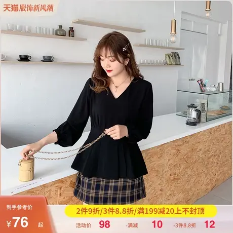 绮娑v领秋装新款显瘦长袖胖妹妹遮肚大码雪纺衫胖mm女上衣宽松商品大图