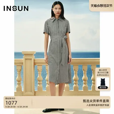 INSUN恩裳专选夏季休闲翻领条纹衬衫连衣裙图片