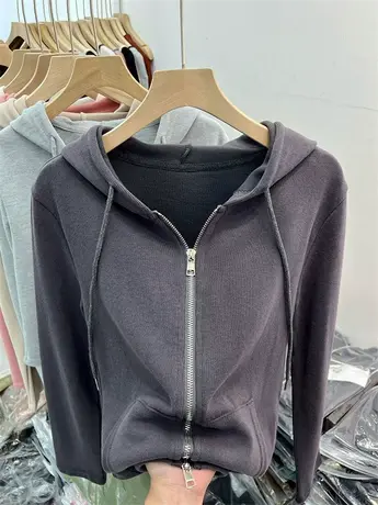 连帽针织开衫双拉链上衣长袖女2023早秋新款纯色软糯螺纹打底衫商品大图