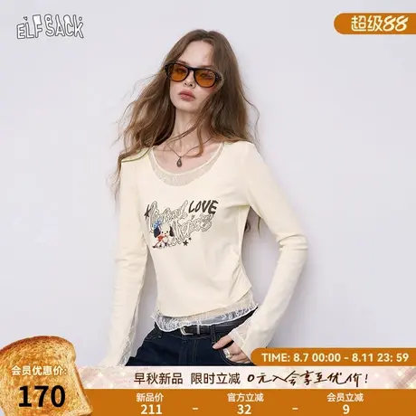 妖精的口袋白色蕾丝拼接印花长袖t恤女2025早秋新款修身薄款上衣商品大图
