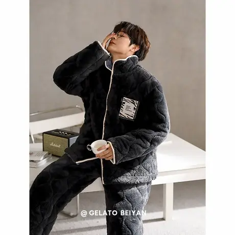 贝妍睡衣男士冬季加厚加绒三层珊瑚绒夹棉大码保暖棉袄家居服套装商品大图