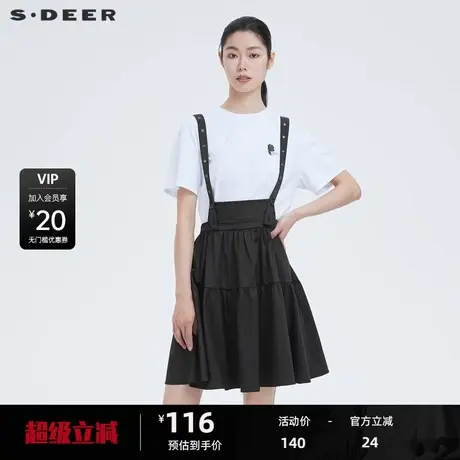 sdeer圣迪奥女装甜美抽褶不规则黑色背带短裙S22281313图片