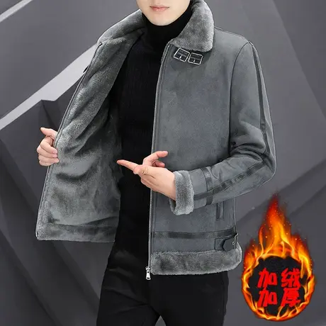 2023新款皮毛一体男装冬季外套加绒加厚鹿皮绒皮衣男潮机车上衣服图片