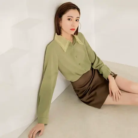 桔熊春秋季通勤双层领拼接不易皱上衣长袖衬衫女大码AB17852商品大图