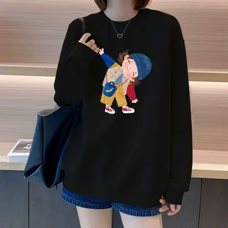 黑色套头圆领卫衣女宽松慵懒风无帽早秋薄款新款2025爆款加绒上衣商品大图
