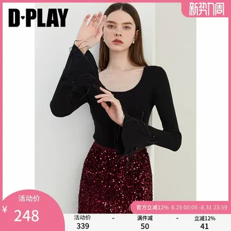 DPLAY秋季日常百搭黑色圆领修身针织衫喇叭袖打底衫上衣女图片