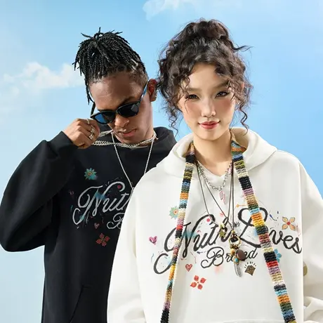 Nuthink美式复古花卉字母连帽卫衣直喷潮牌印花男女2025秋季新款商品大图