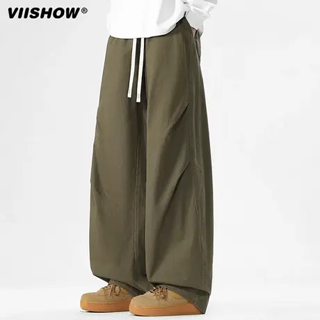 VIISHOW美式伞兵裤男士秋季2025新款潮牌宽松直筒阔腿褶皱工装裤商品大图