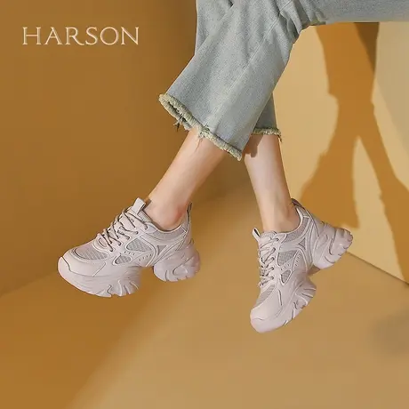 哈森网面老爹鞋女新款透气显脚小厚底休闲运动板鞋HC241417商品大图