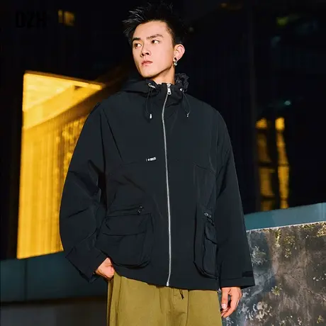 男士黑色冲锋衣高级感工装外套潮牌男秋季男装2023新款户外登山服商品大图