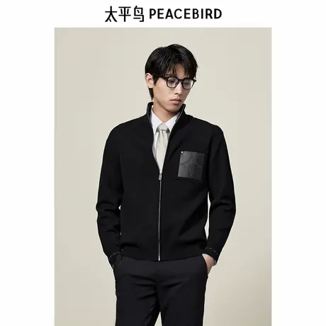 太平鸟男装 皮质胸带拼接针织衫秋休闲毛衣时尚拉链线衫外套潮商品大图