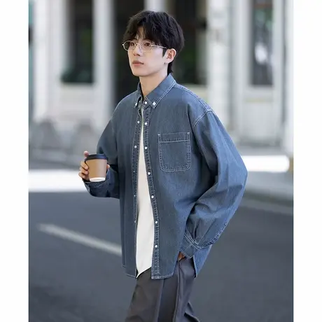 唐狮2025秋冬男士牛仔长袖衬衫钉扣领翻领外穿单口袋休闲时尚衬衫商品大图
