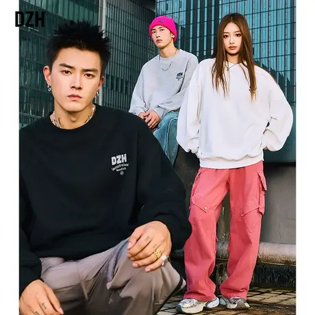DZH美式潮牌卫衣男秋季圆领情侣装2023新款秋打底衫高街套头上衣商品大图