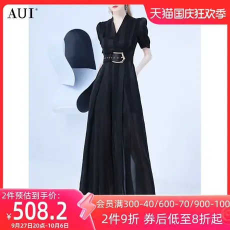 AUI黑色高端气质雪纺连体裤女夏2023新款高级感收腰V领阔腿连衣裤图片