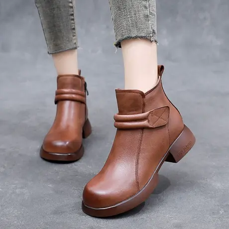 2023秋季爆款大码加肥加宽女靴41-43全牛皮真皮短靴新款低跟靴子商品大图