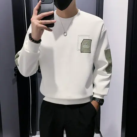 个性长袖t恤男春秋季休闲拼色打底上衣重磅拼接卫衣ins潮痞帅男装商品大图