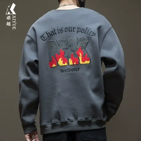 希越纯棉刺绣重磅套头卫衣秋冬季男士宽松大码美式圆领内搭打底衫商品大图