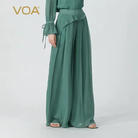 VOA灰绿色双层乔其纯桑蚕丝自然腰荷叶花边装饰轻垂真丝长款裙裤商品大图