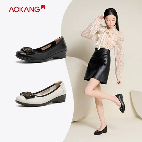 奥康女鞋 秋季气质休闲单鞋浅口真皮金属扣低跟舒适妈妈鞋商品大图