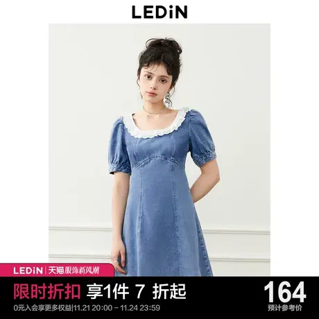 乐町甜美花边领连衣裙2023年秋季新款收腰简约牛仔短裙商品大图