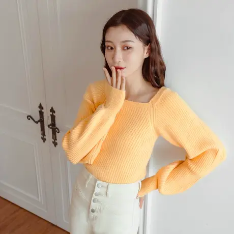 桔熊秋冬季保暖蓬松泡泡袖方领短款针织衫小个子毛衣女大码FA2431图片