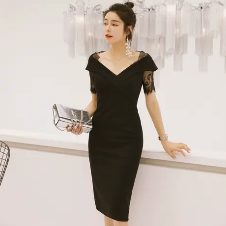 2024夏季新款裙子修身气质时尚蕾丝短袖女装V领高腰包臀连衣裙商品大图