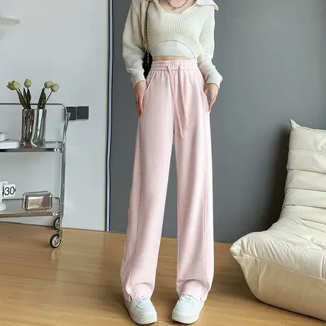 粉色针织窄版阔腿裤女秋冬季新款高腰显瘦休闲垂感直筒拖地香蕉裤图片