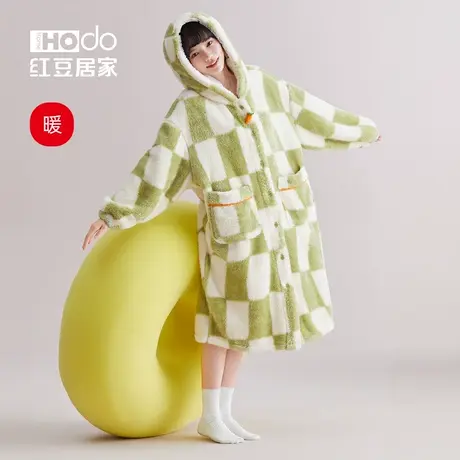 红豆绒女士睡袍牛油果色可爱珊瑚绒加厚保暖秋冬连帽居家长款浴袍商品大图